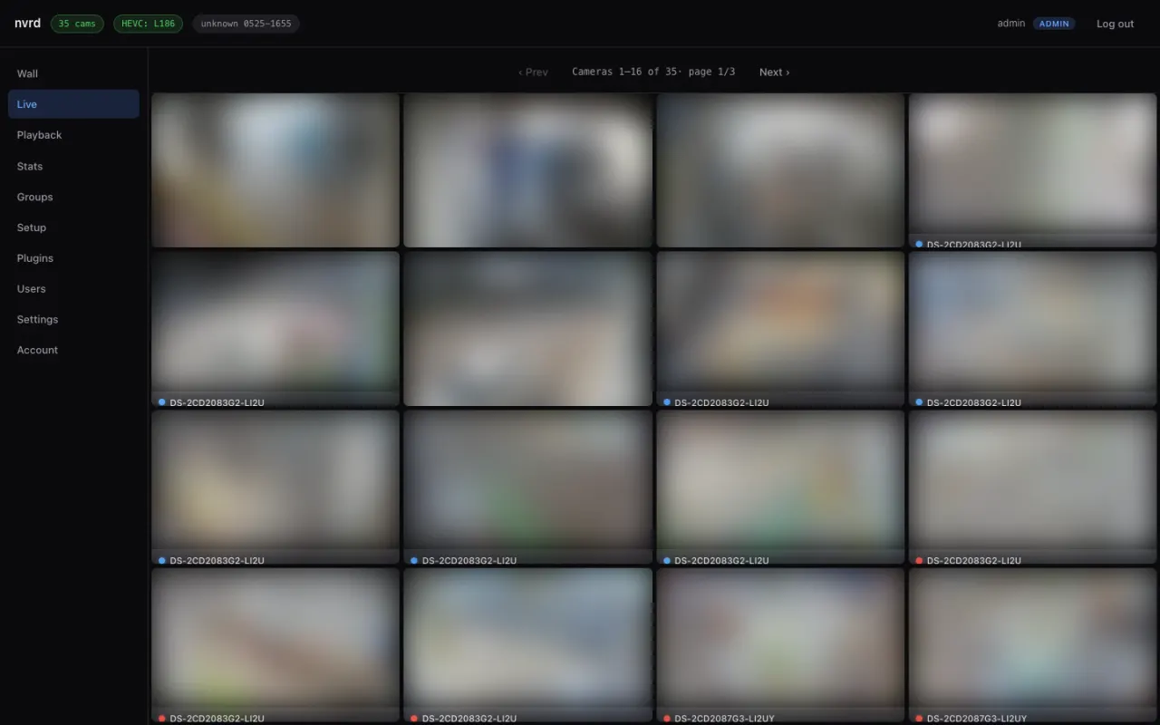 The NVR live grid showing 16 camera tiles of an industrial site, with a camera count and system health indicators in the header.