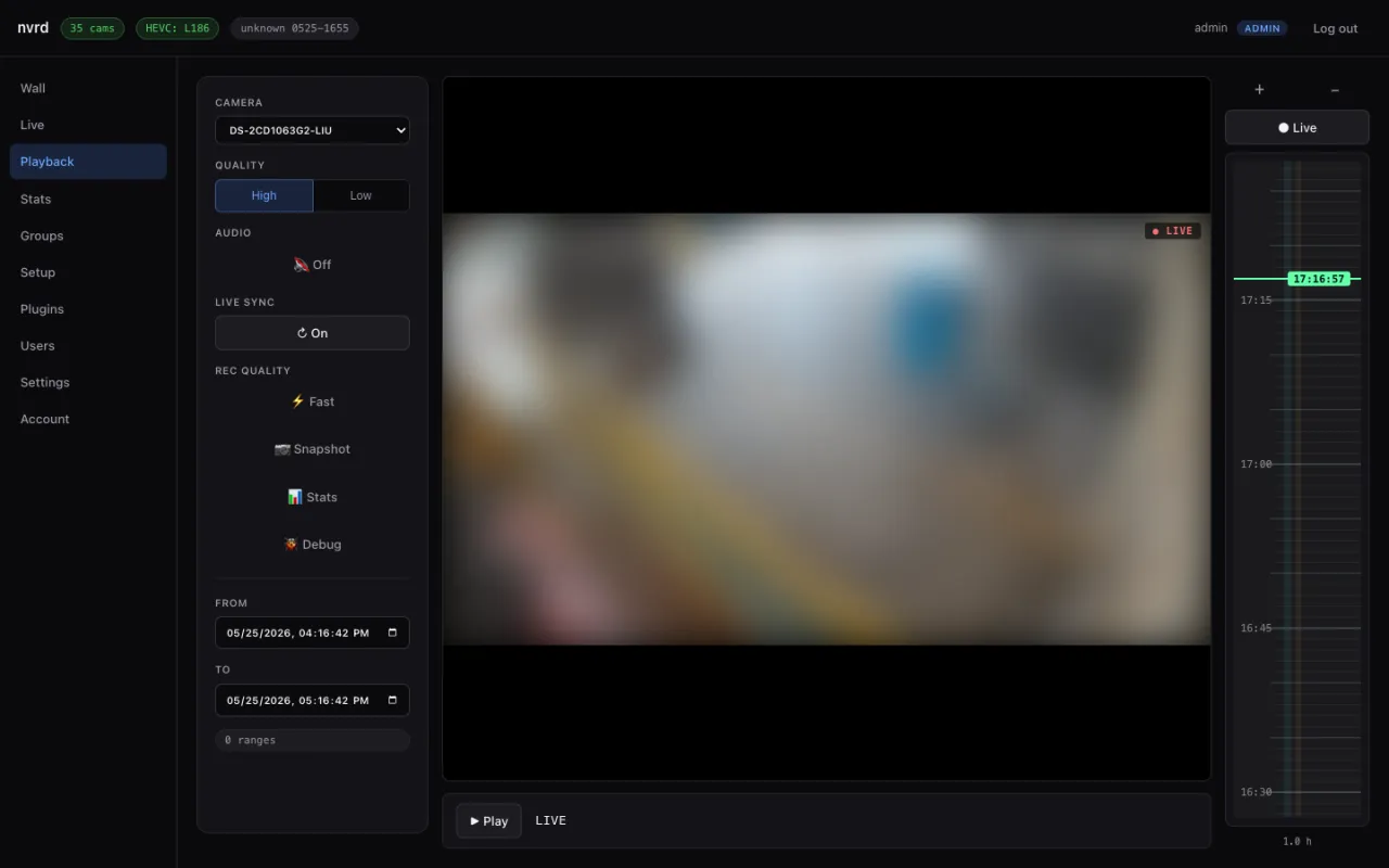 The NVR playback view showing a single focused camera with a date picker, quality controls, and a timeline for scrubbing recorded footage.