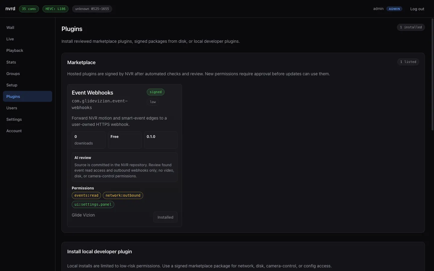 The NVR Plugins page showing the marketplace with a signed Event Webhooks plugin, its AI review summary, and its requested permissions.