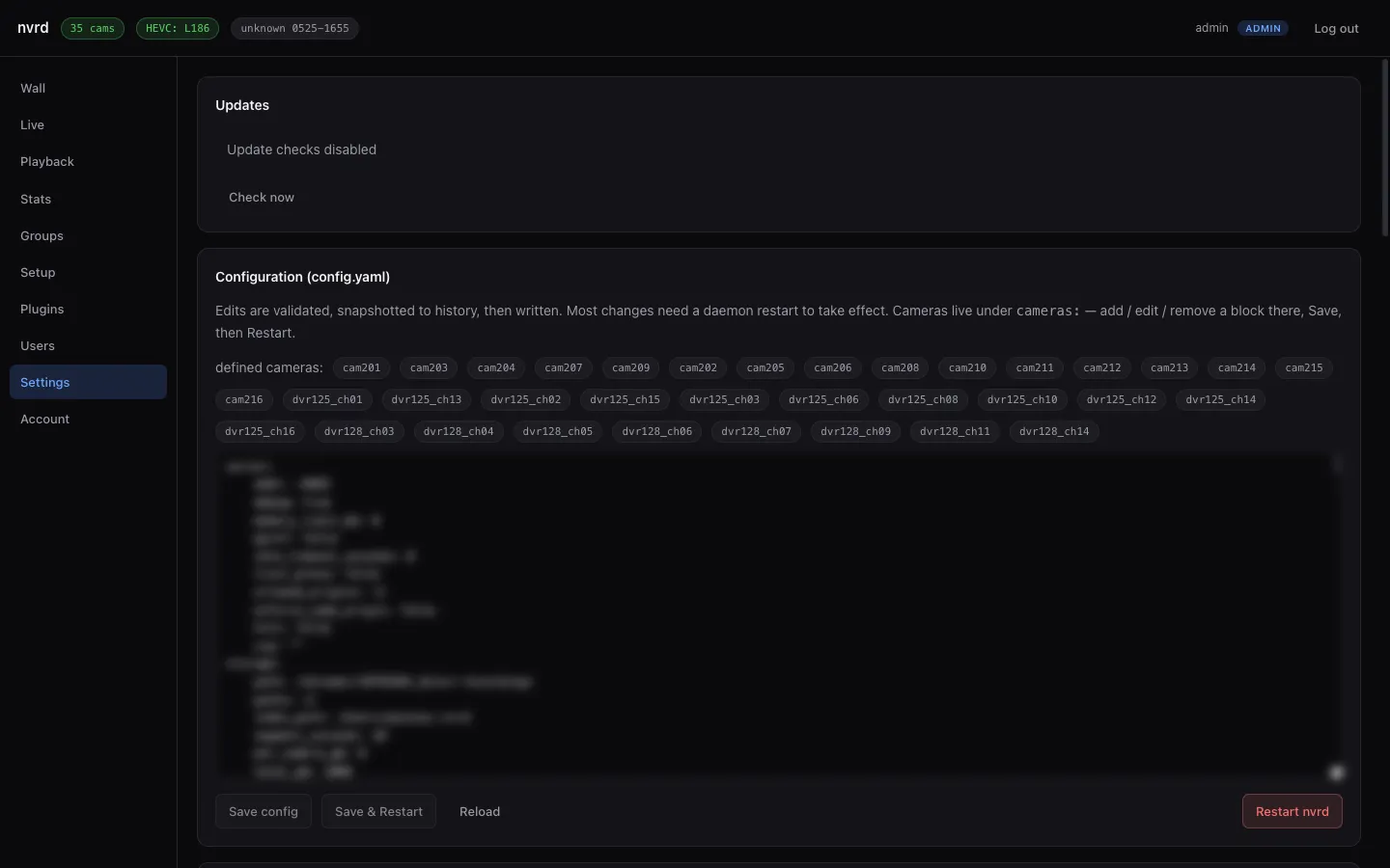 The NVR Settings page showing the live config.yaml editor, a list of defined cameras, and save and restart controls.