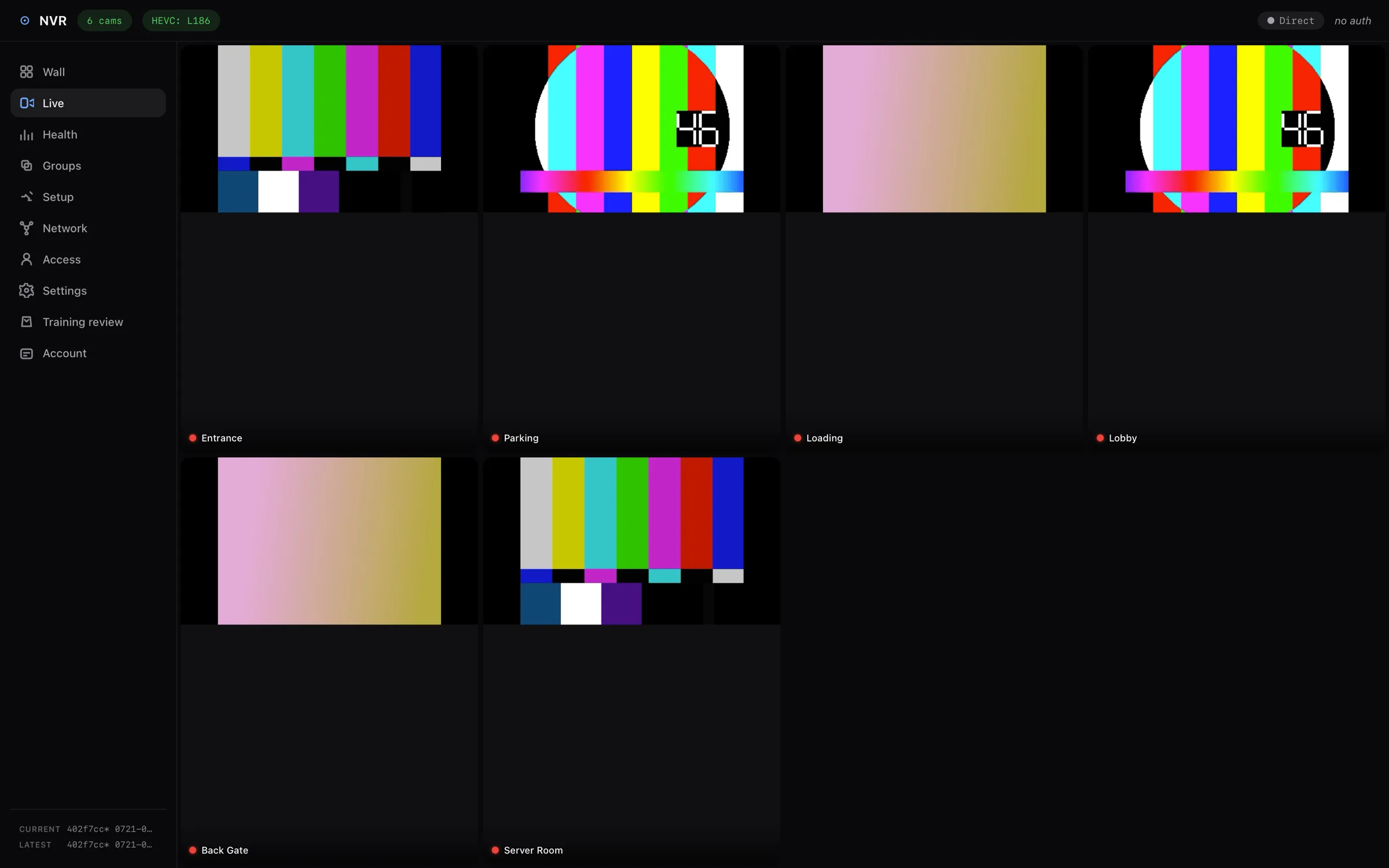 NVR live grid showing six camera tiles with recording indicators