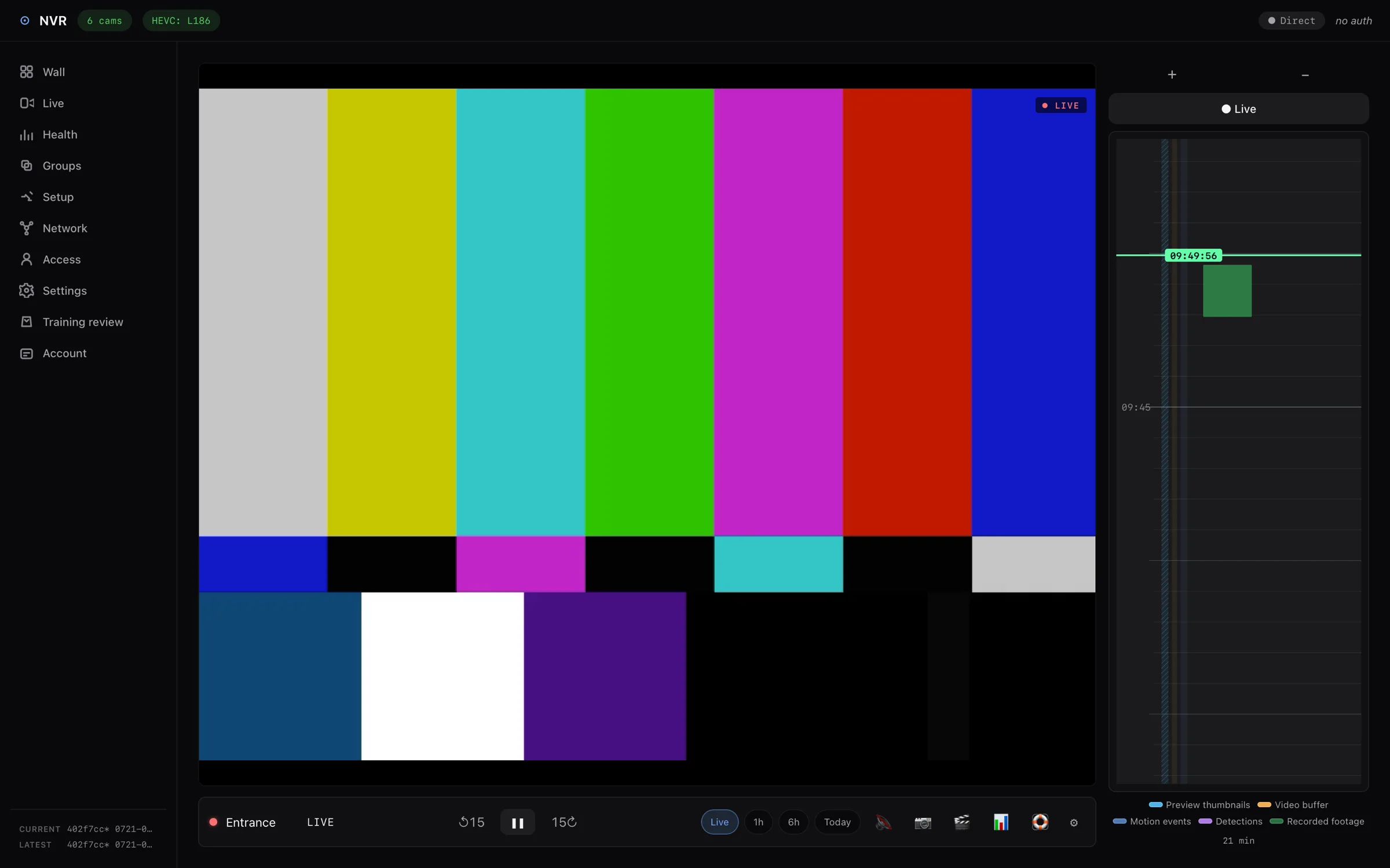 NVR playback with a recorded-coverage ribbon, buffer lane and playhead on the timeline